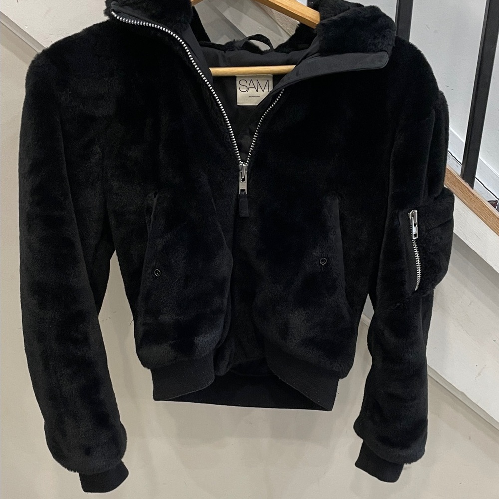 SAM. Black Faux Fur Bomber Jacket for Kids